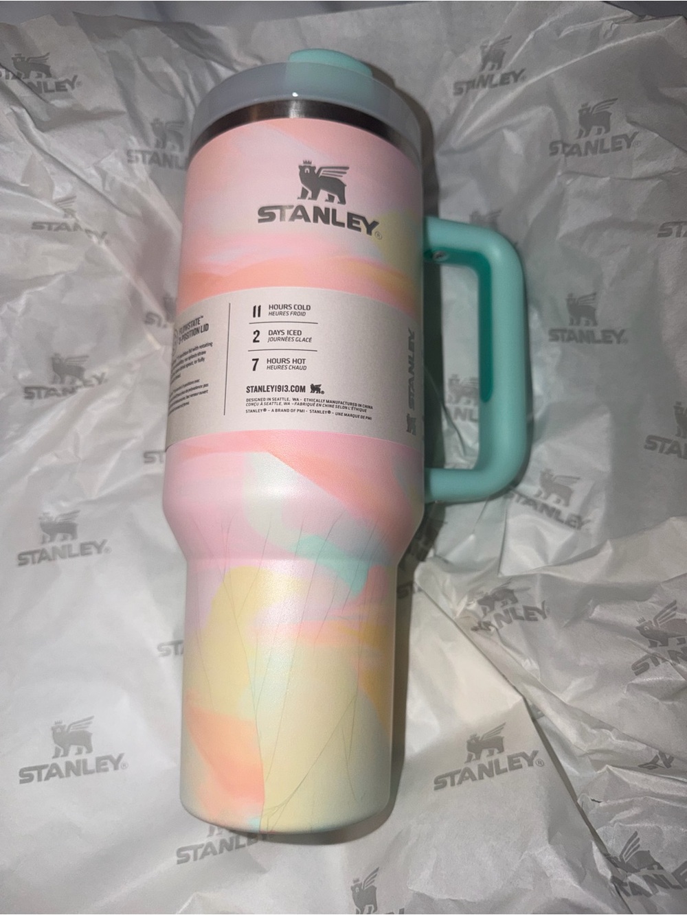 Stanley Pastel Tie-Dye Travel Tumbler with Handle - Mint & Multicolor with straw
